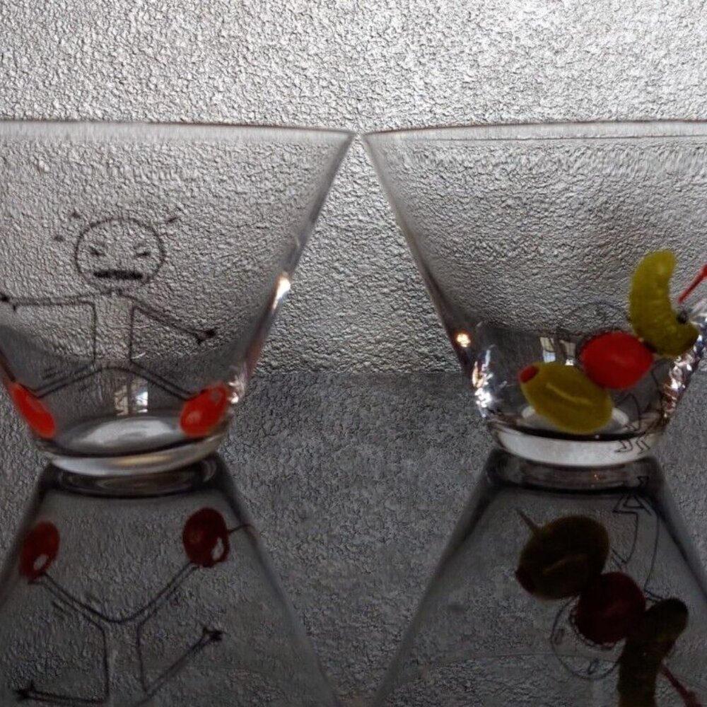 CB2 Crate & Barrel Oliver Martini Cocktail Glasses Stabbed Olive